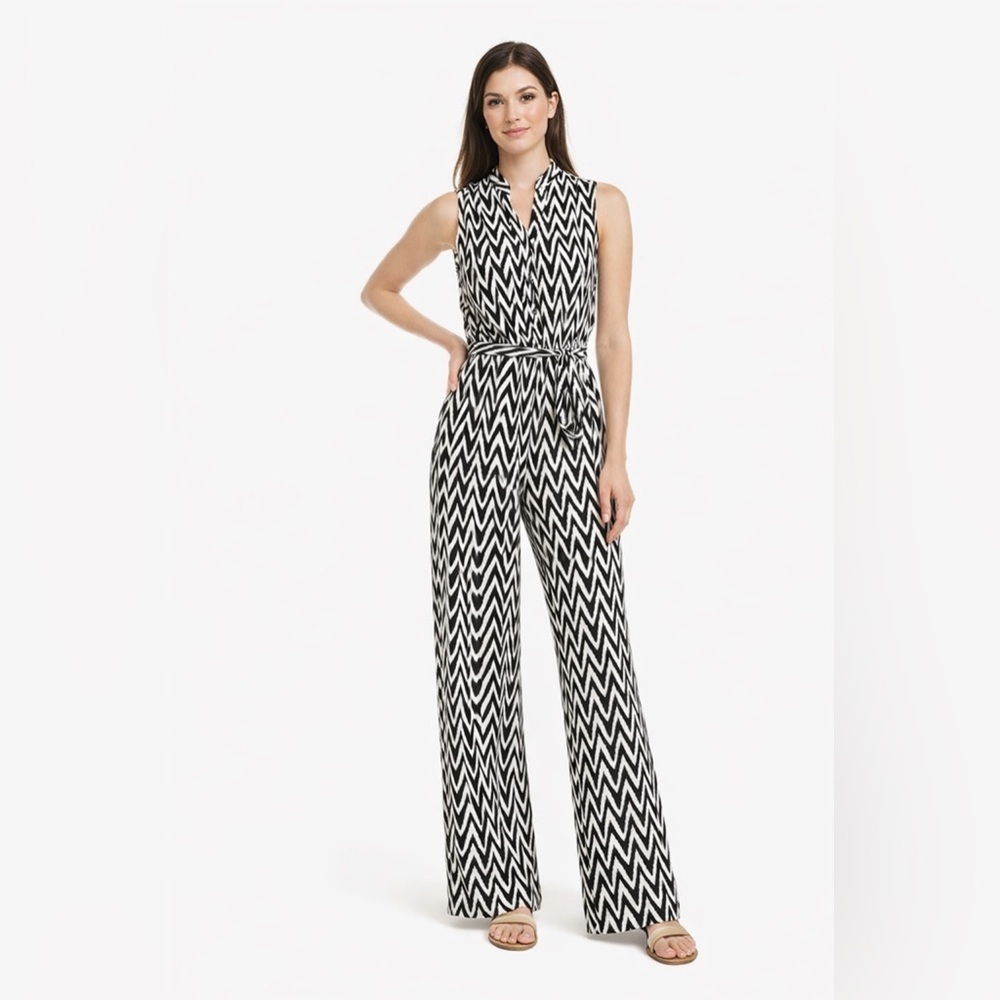 Donna Morgan Black White Chevron Wide Leg Jumpsuit Tie Waist Women’s 6
